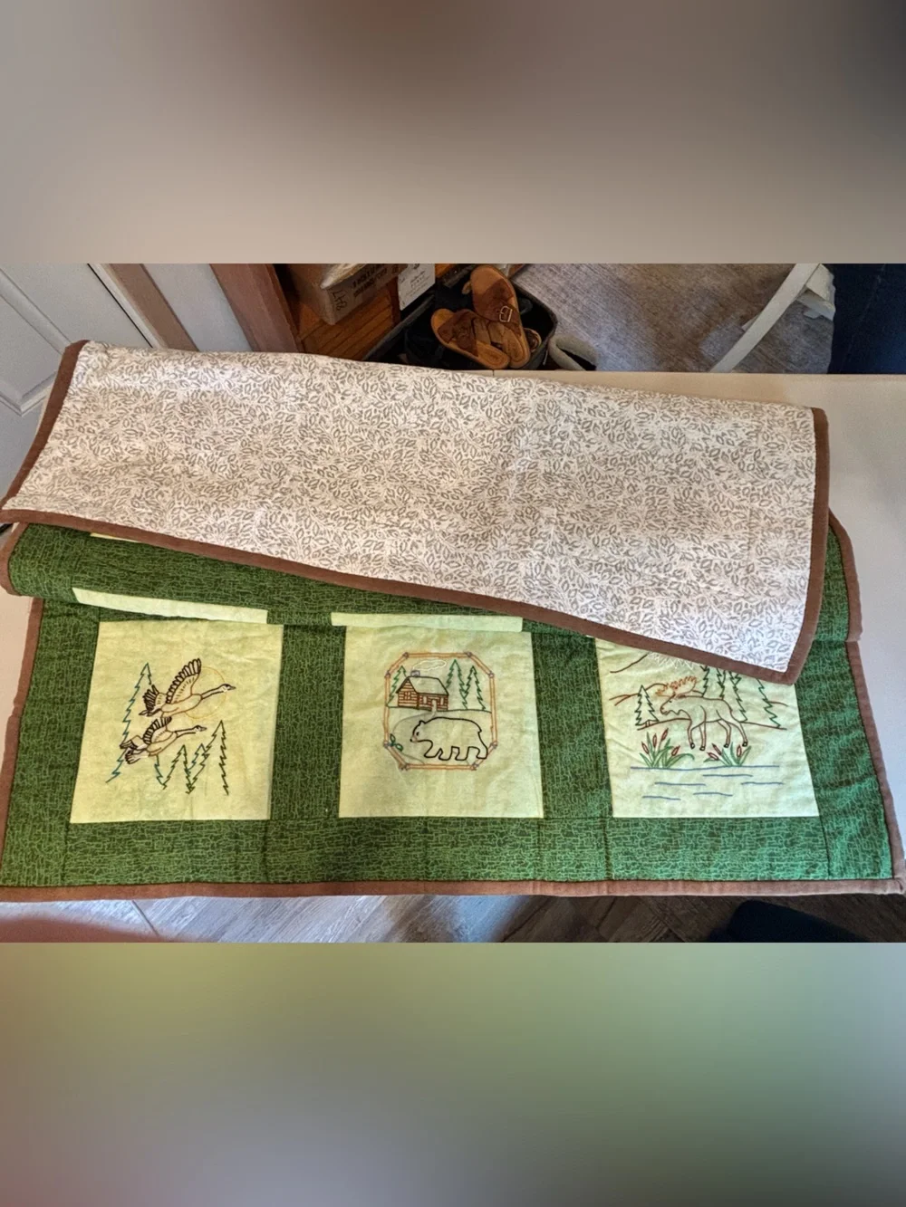 Handmade and Hand Embroidered Green & Cream Cabin-Themed Quilt 38x50